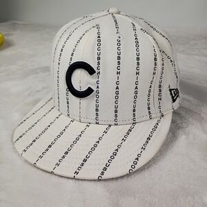 New Era Fitted Hat Men 7 3/4 White Chicago Cubs Pinstripe Text Logo Baseball Cap